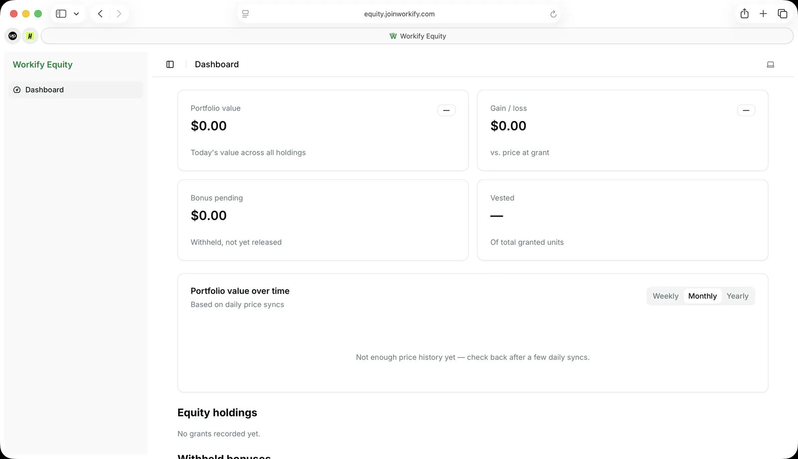 Workify Equity dashboard: portfolio value, bonuses and vesting